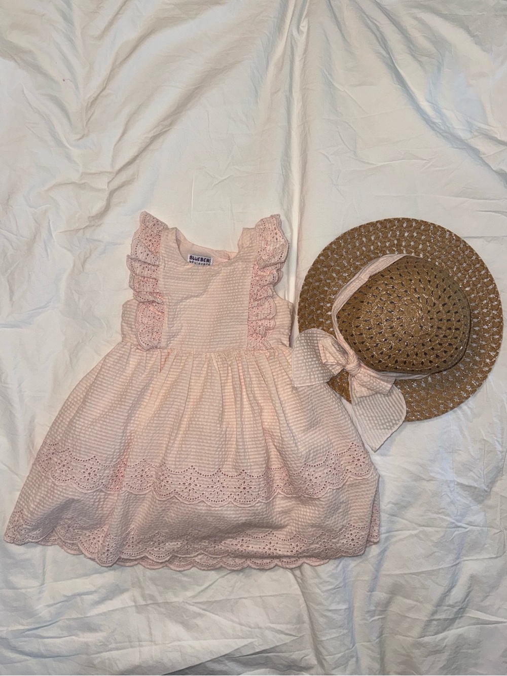 Blueberi Boulevard Light Pink Eyelet Ruffle Dress for Girls With Hat Size 2